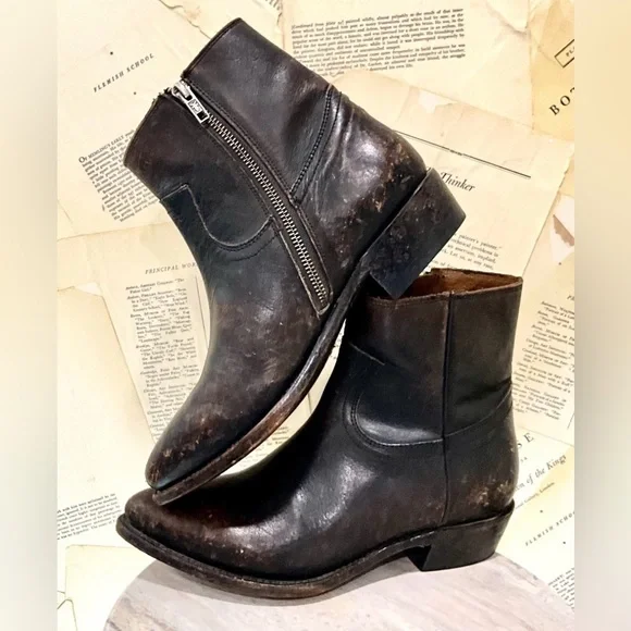 Free People Frye Billy Inside Zip Boot Distressed Black Leather Pointy Toe - Picture 1 of 13